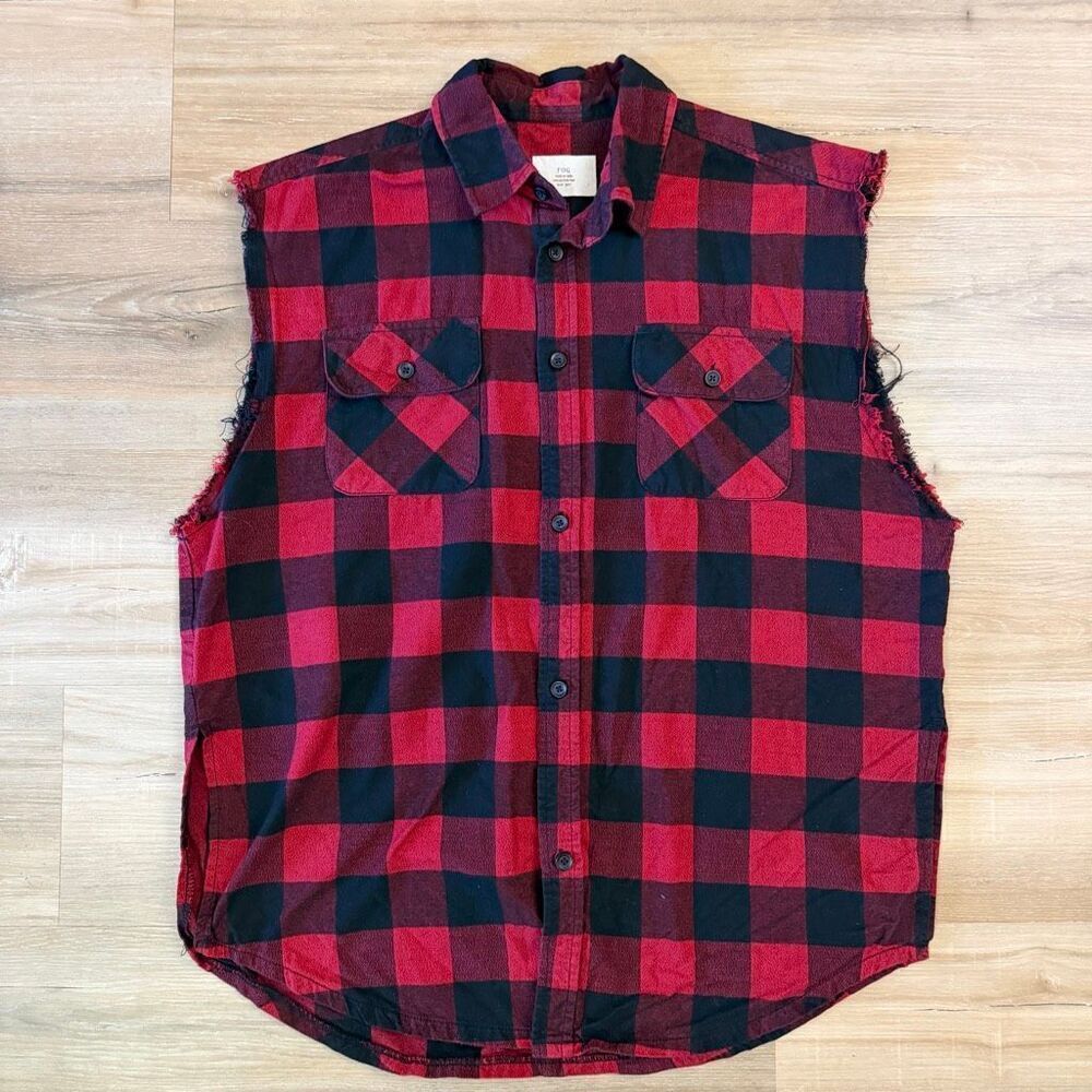 Fear Of God Collection 2 Red Sleeveless Flannel Shirt Size M Vest FOG Cutoff LA